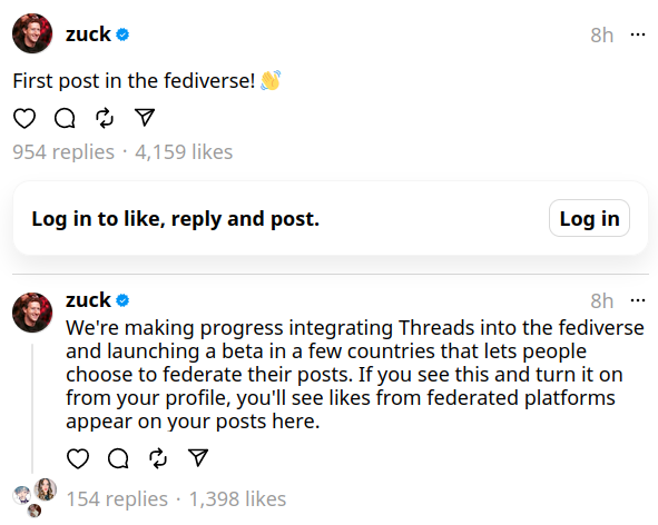 Zuckerberg, posting on Threads: First post in the fediverse!