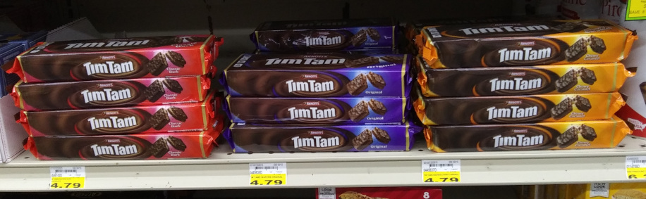 TimTam cookies on a grocery store shelf.