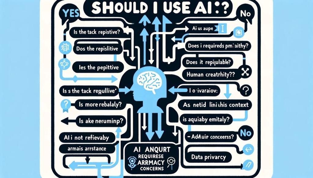 Decision-making diagram, with 'Should I use AI?' at the top. Below this are numerous arrows and lines, and text bubbles saying 'Is the tack repistive?' and 'Does it repijulable?' and 'Is more rebalaly?' and other nonsense, at at the bottom 'AI anqurt requirese arrmacy concerns'.