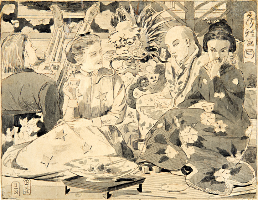 International Tea Party, by Winslow Homer, circa 1867. Two American folks, two East Asian folks, and one dragon enjoy tea together.