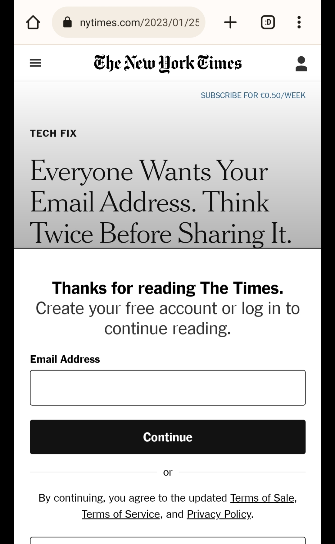 New York Times headline: Everyone wants your email address. Think twice before sharing it. And beneath this, an invitiation to enter your email address and create a free account to continue reading.