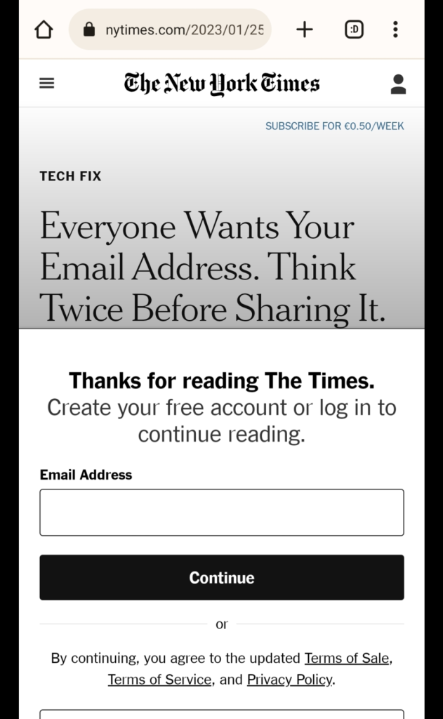 New York Times headline: 'Everyone Wants Your Email Address. Think Twice Before Sharing It.' Below is a request to enter your email address to keep reading.